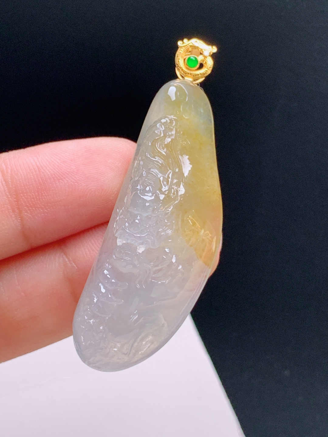 ️ 冰黄翡龙/凤吊坠，冰润起胶，俏色出彩，龙腾福至 裸石45.9-17-11 整体53.5 080916
