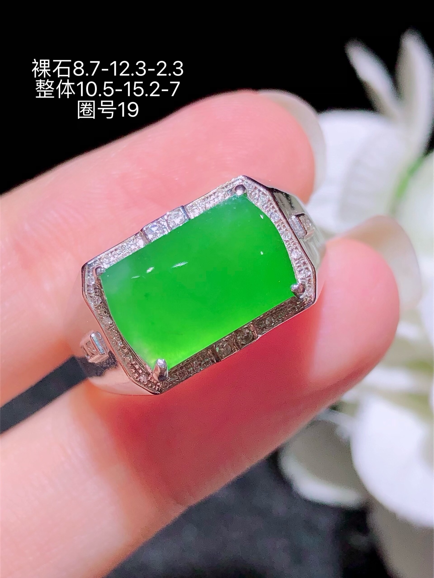 18K金镶 冰绿马鞍戒指 无裂 水润色艳 品相饱满 苹果拍摄，实物更好看，8.7-12.3-2.3