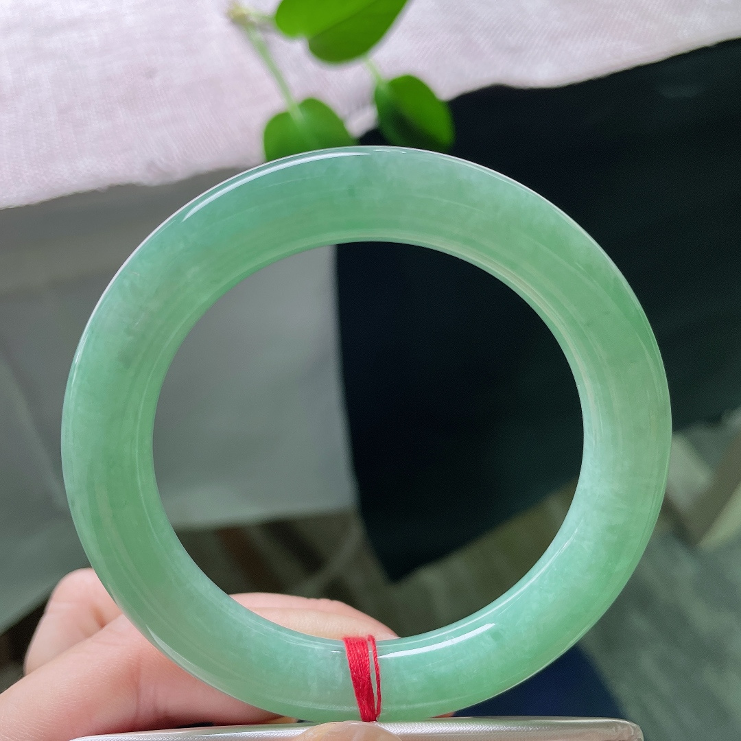 57.3/11，绿底圆条，无裂，镯身线条顺滑圆润，湖绿静谧舒缓，柔光流转，衬得肤色温润。ss59261a