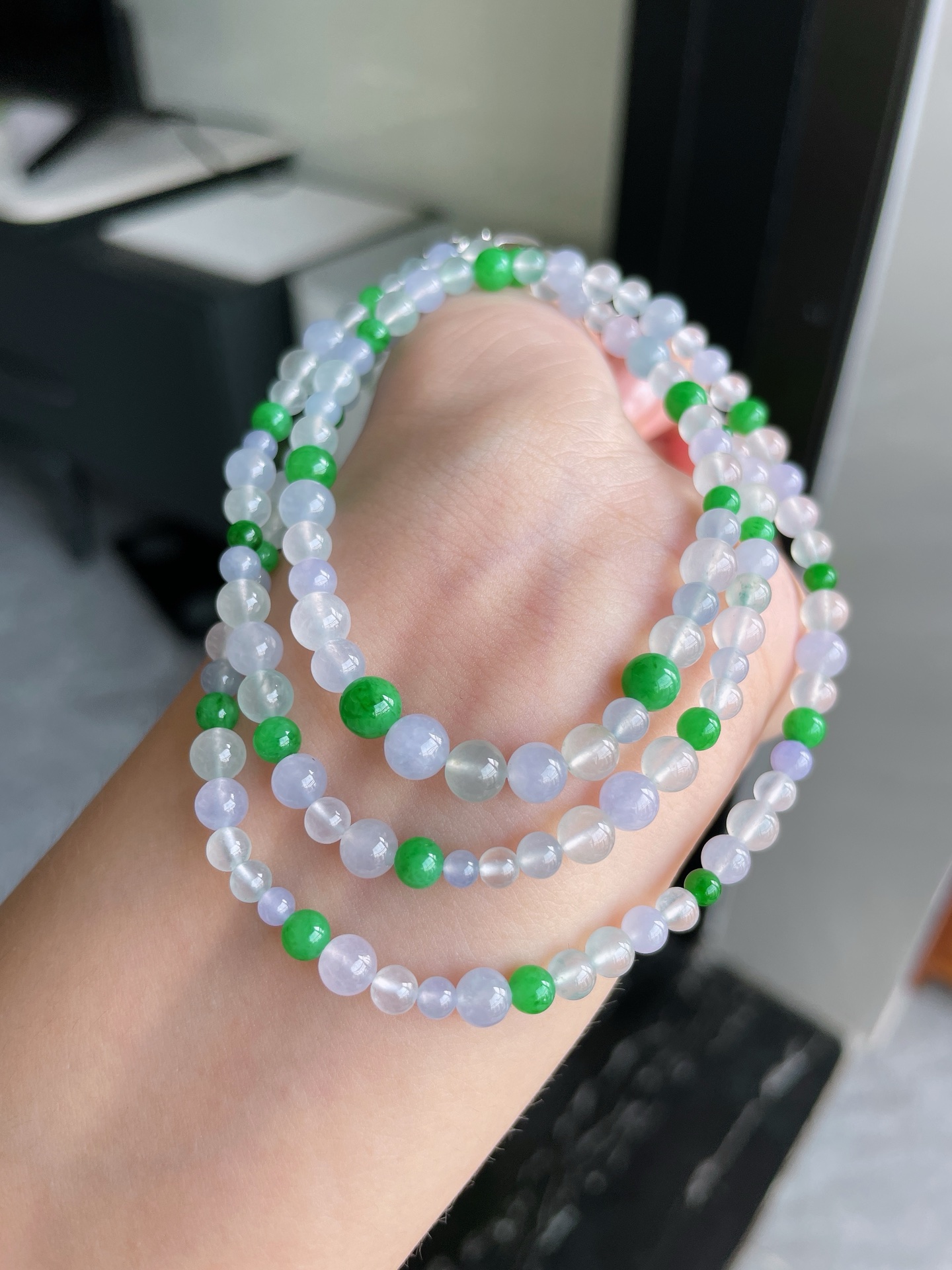 冰种玻璃种浓阳绿珠珠项链, 卡5mm/3.3mm S09