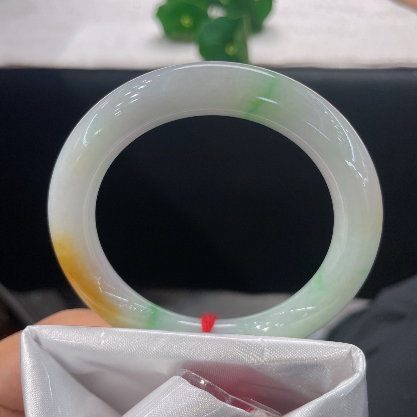天然翡翠手镯 圈口52.6/9.5，黄加绿三彩圆条，一镯揽三色，黄暖翠鲜，玉润生光，无裂
