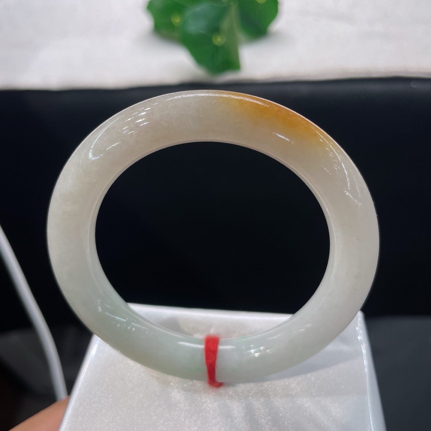 天然翡翠手镯 圈口51.2/10.2，三彩圆条，51/52可戴，甜黄缀鲜绿，温润圆条，自带暖意，无裂。