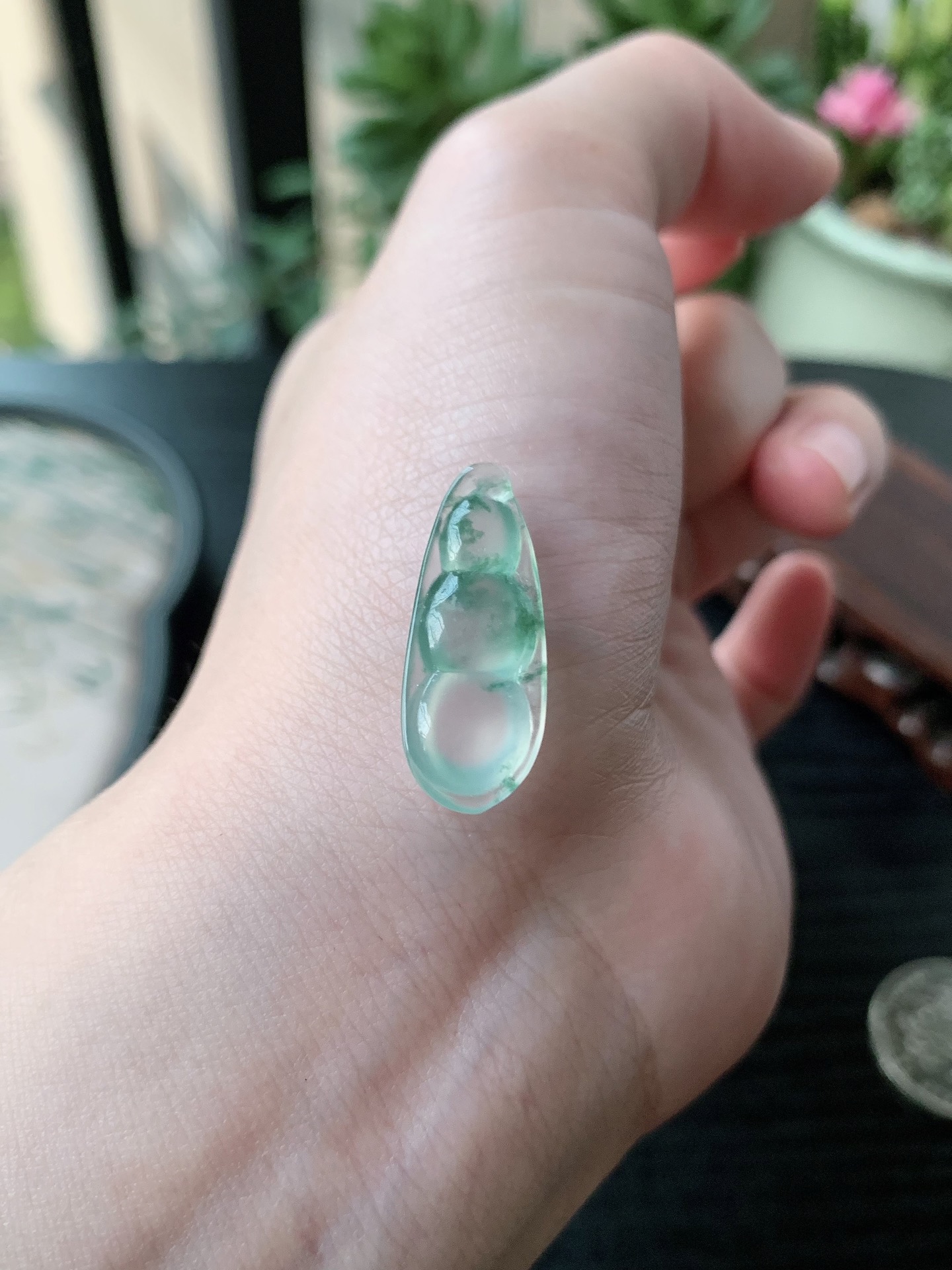 老坑冰种胶感冰种飘蓝花福豆吊坠 裸石尺寸:25.3-10-5.5mm