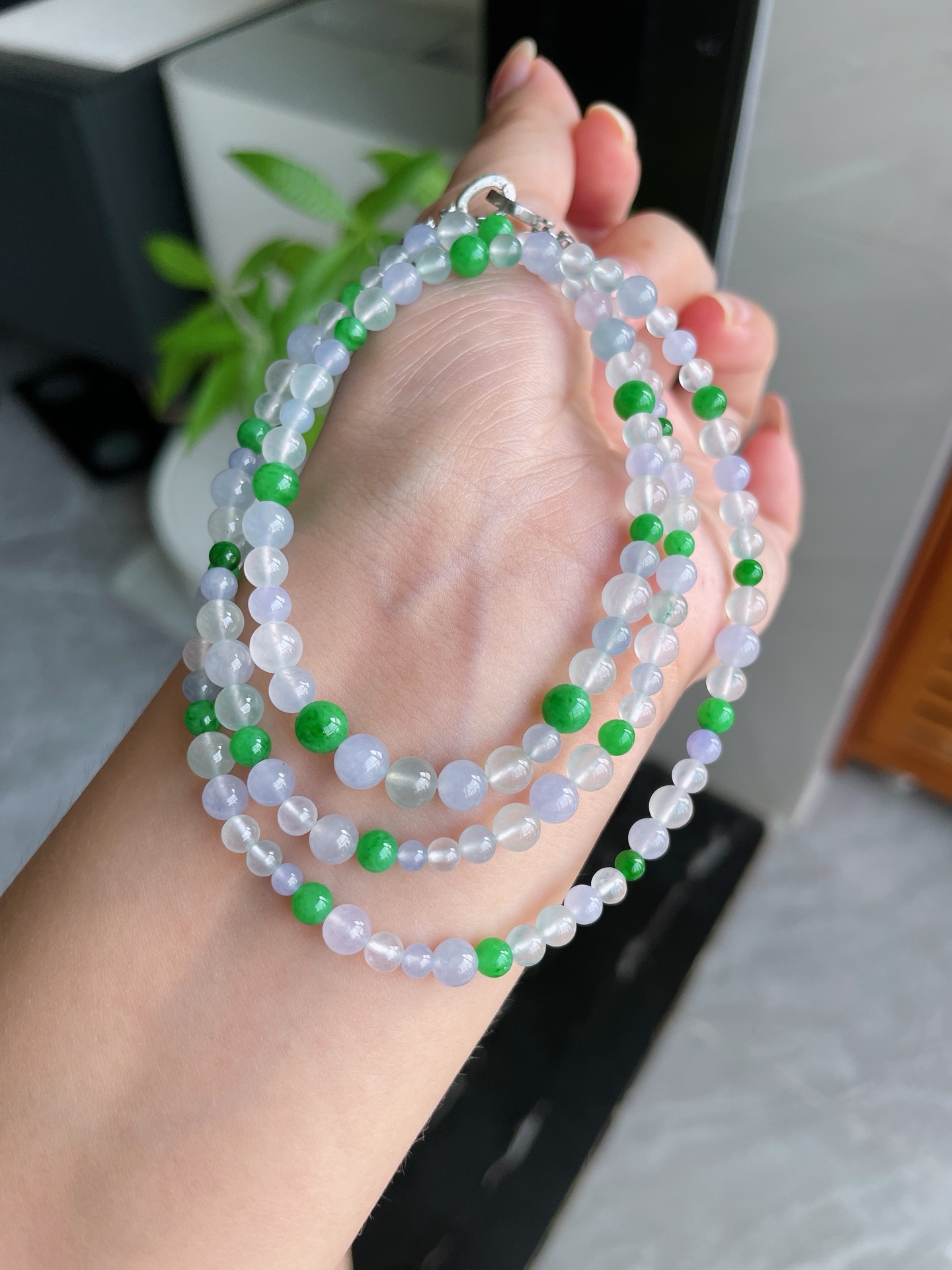 冰种玻璃种浓阳绿珠珠项链, 卡5mm/3.3mm S09