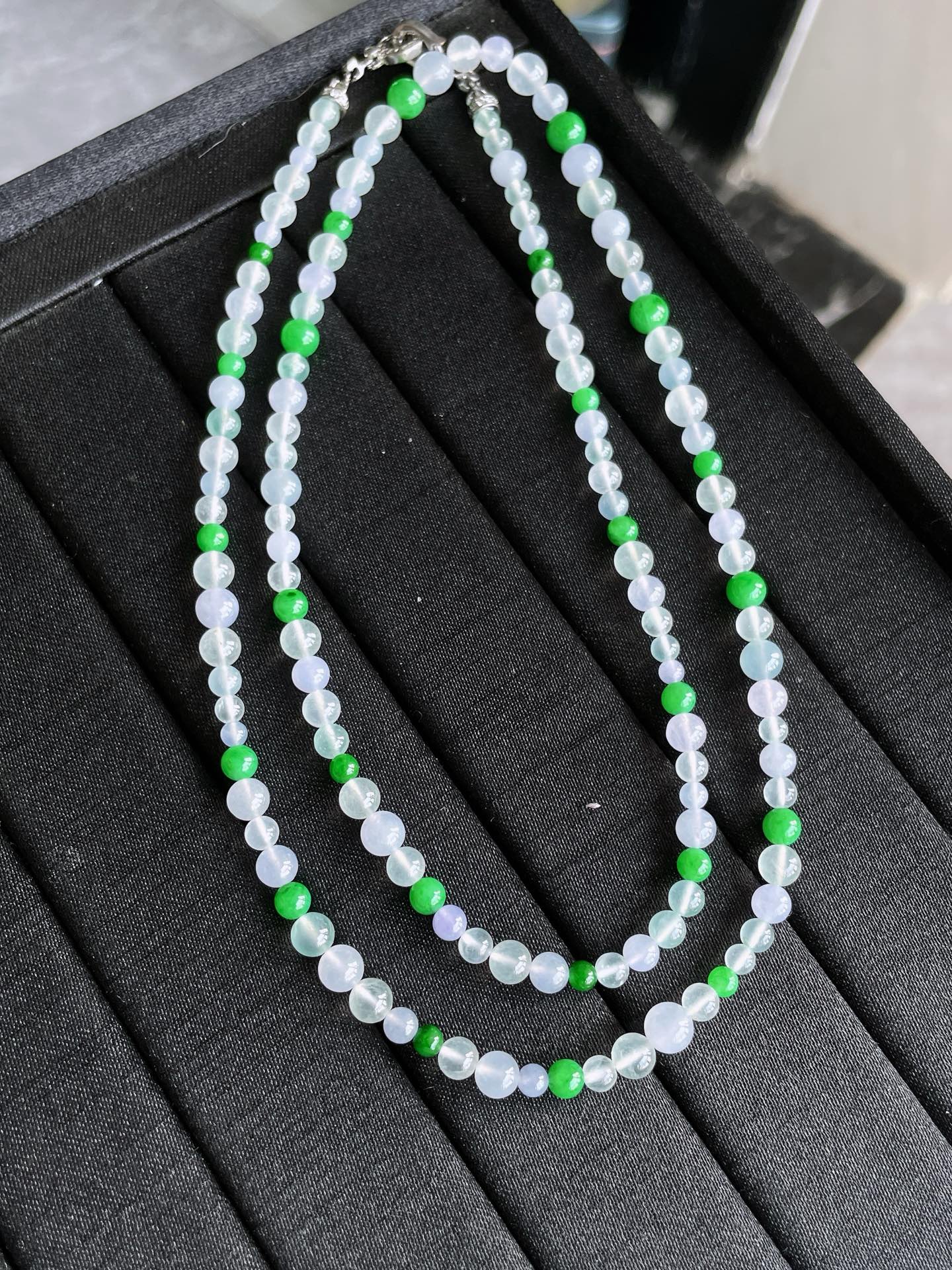 冰种玻璃种浓阳绿珠珠项链, 卡5mm/3.3mm S09