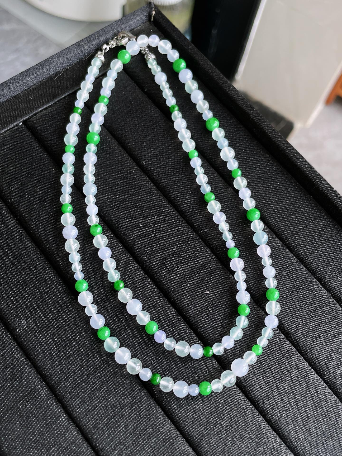 冰种玻璃种浓阳绿珠珠项链, 卡5mm/3.3mm S09