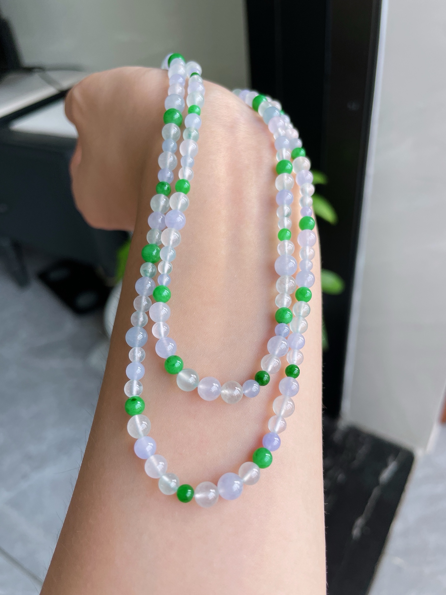 冰种玻璃种浓阳绿珠珠项链, 卡5mm/3.3mm S09