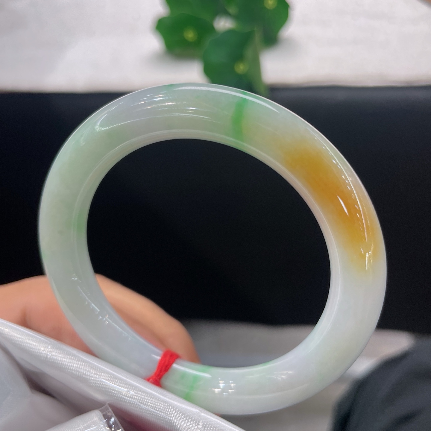 天然翡翠手镯 圈口52.6/9.5，黄加绿三彩圆条，一镯揽三色，黄暖翠鲜，玉润生光，无裂