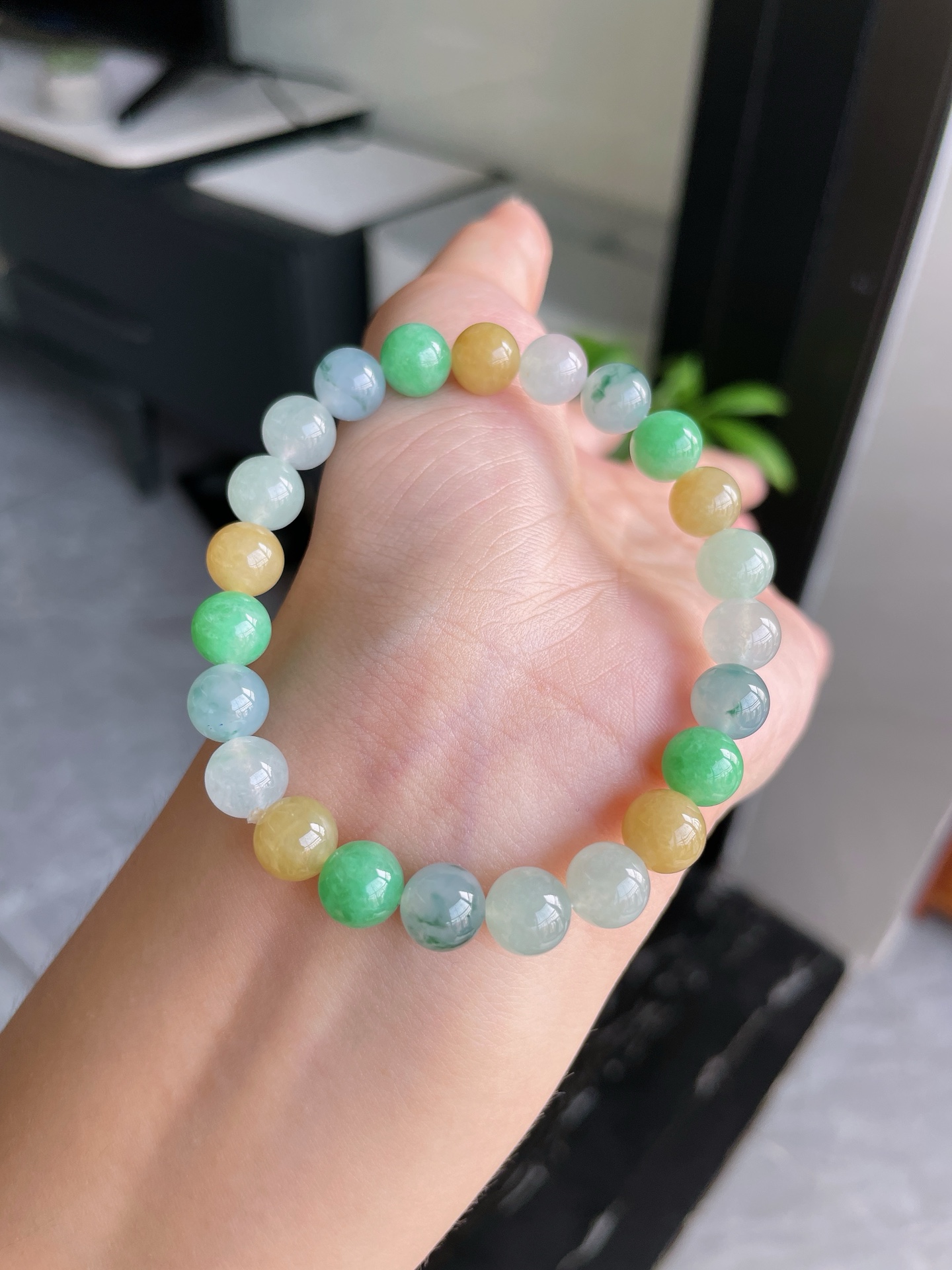 冰种三彩飘花珠手串 卡8mm S09