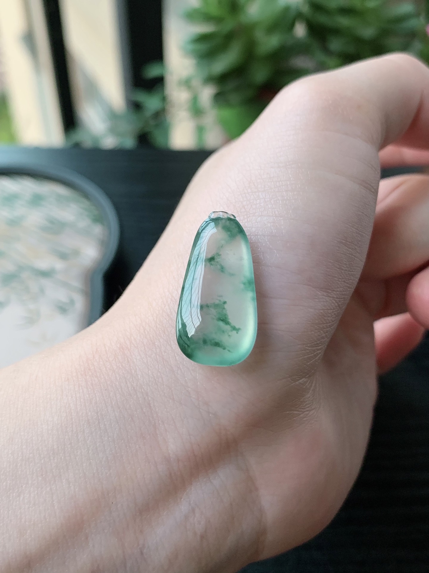 老坑冰种胶感冰种飘蓝花福瓜吊坠 裸石尺寸:24.8-12.2-6.5mm