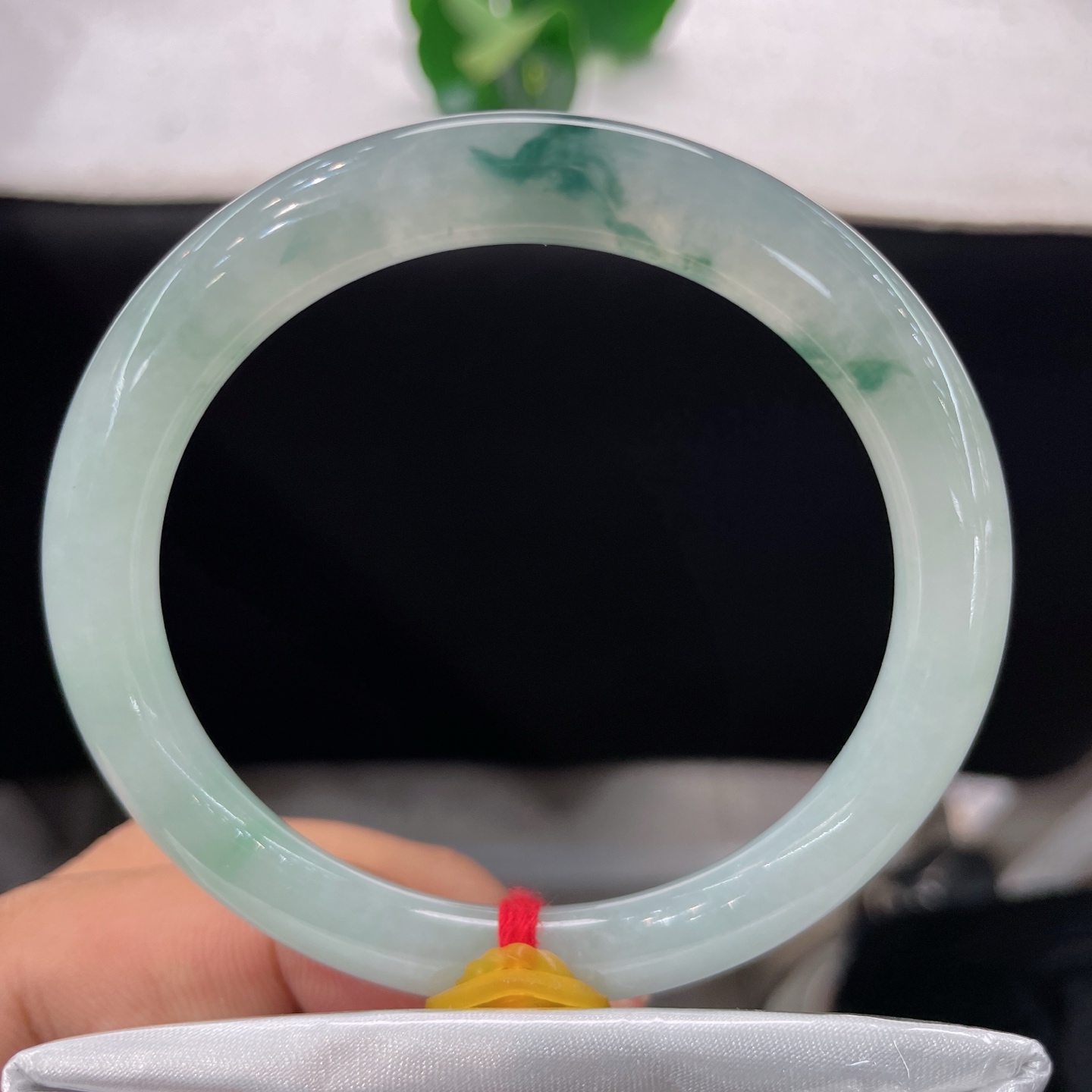 天然翡翠手镯 圈口55.4/7.7/8.0，冰种飘花美人镯，底色干净澄澈，翠花随性晕染，虚实相生，晶