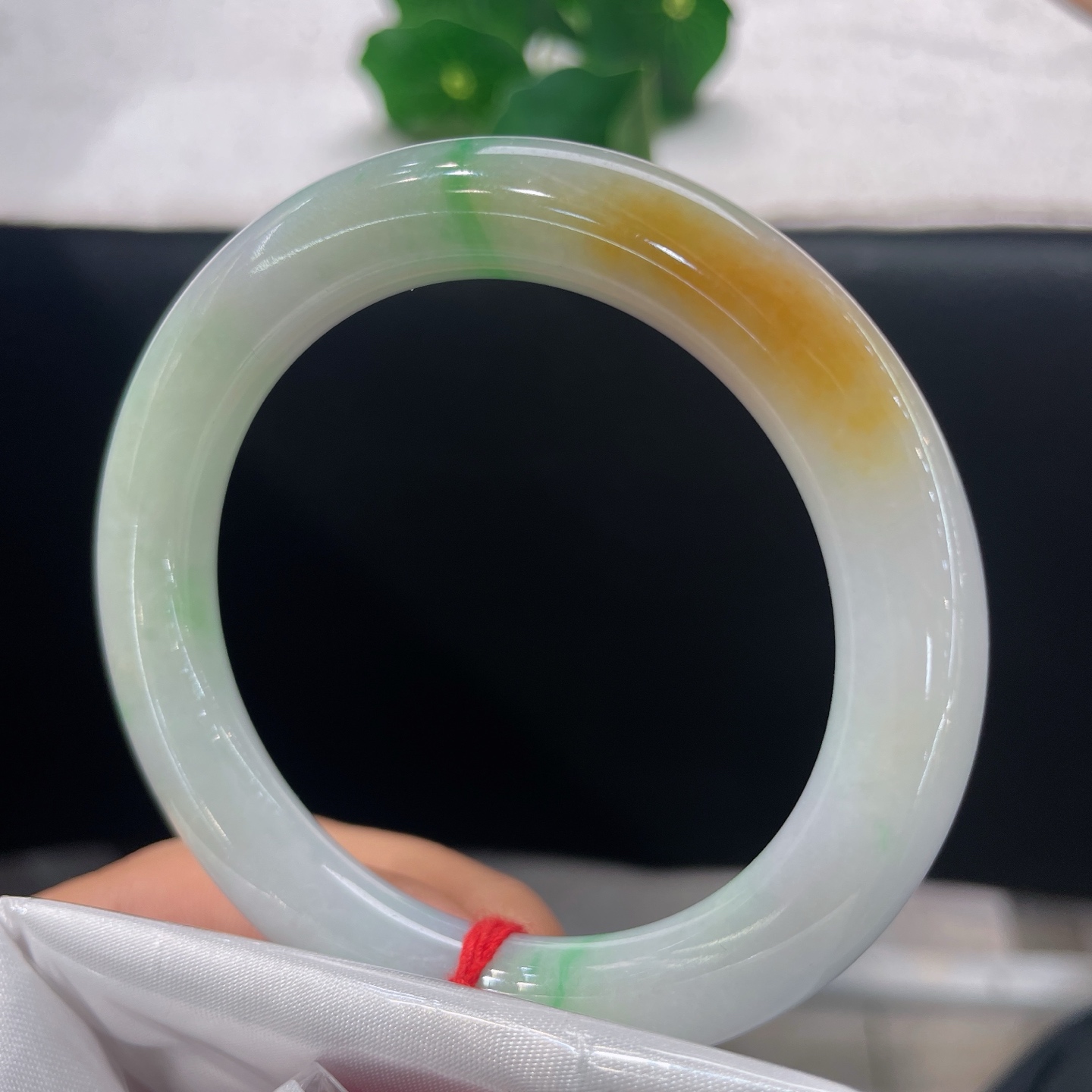 天然翡翠手镯 圈口52.6/9.5，黄加绿三彩圆条，一镯揽三色，黄暖翠鲜，玉润生光，无裂