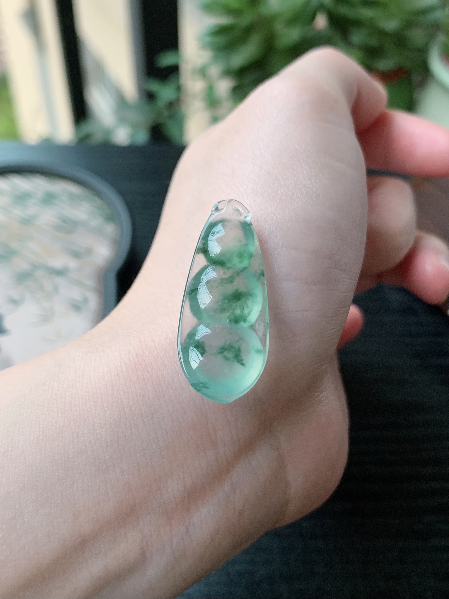 老坑冰种胶感冰种飘蓝花福豆吊坠 裸石尺寸:34.2-14.2-6.5mm