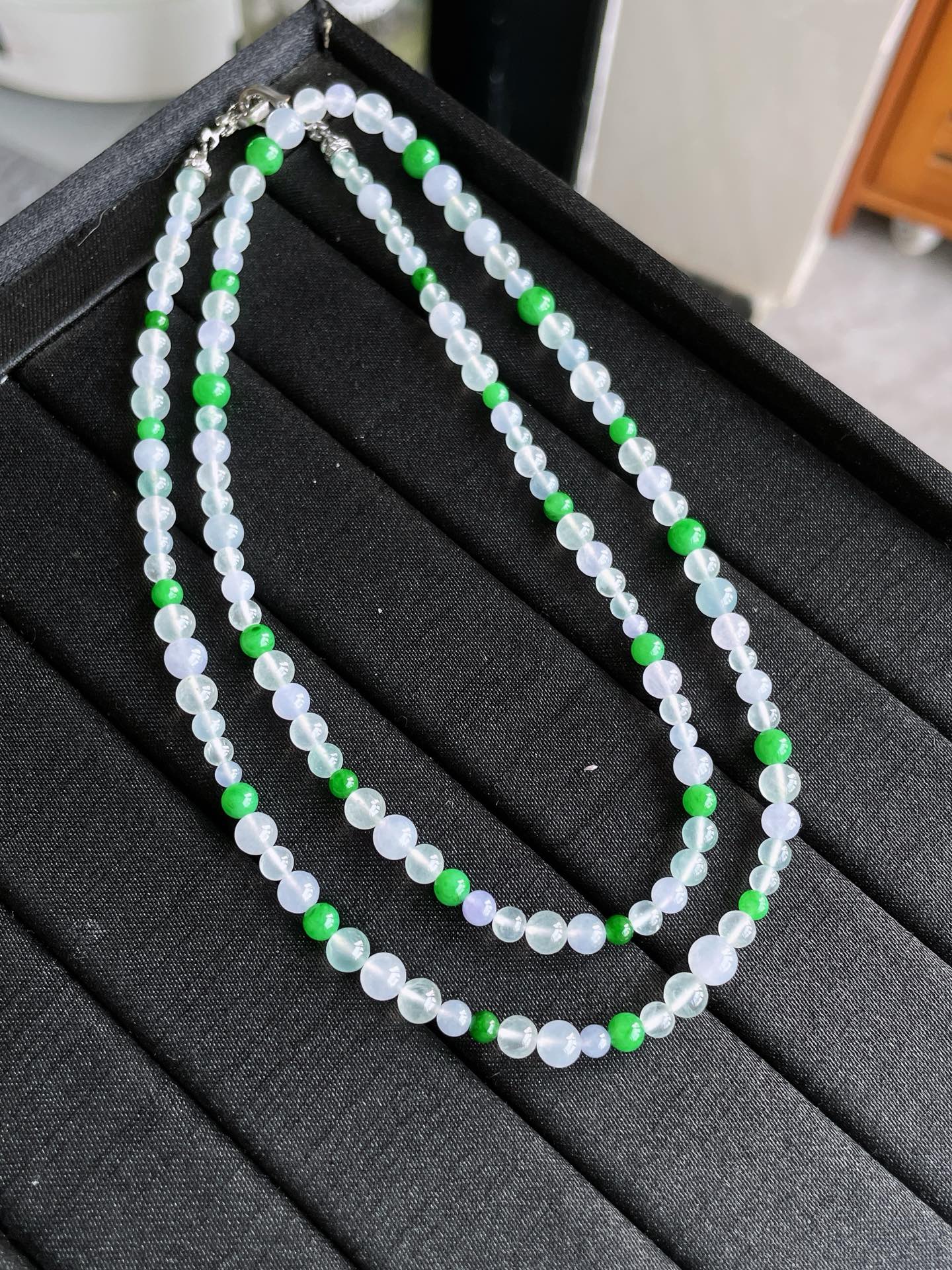 冰种玻璃种浓阳绿珠珠项链, 卡5mm/3.3mm S09