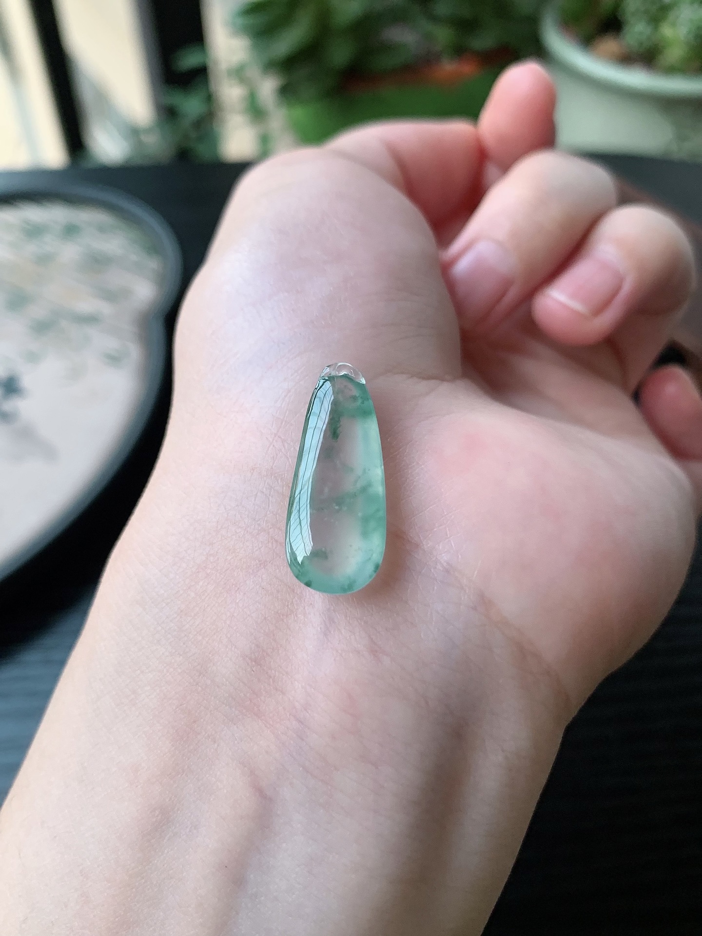 老坑冰种胶感冰种飘蓝花福瓜吊坠 裸石尺寸:24.4-9.9-6.4mm