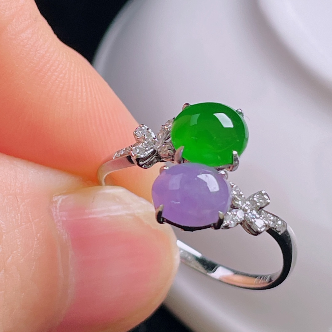 冰绿戒指，18k镶嵌，老种起光，细底通透，尺寸：裸石7/6.6/3.4mm0921