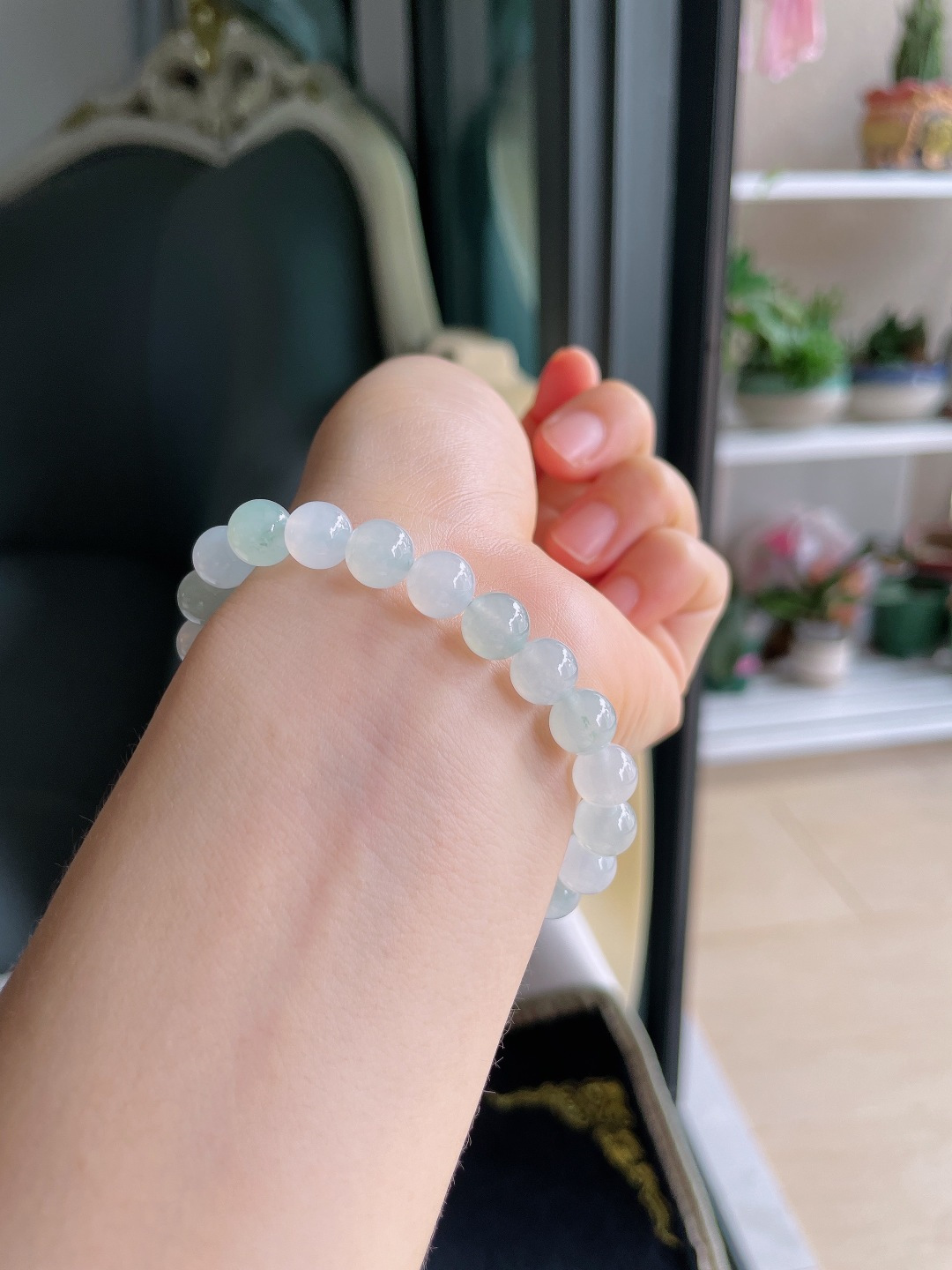 缅甸天然翡翠A货，白冰冰双彩手串，尺寸：7.8mm。【编4355】
