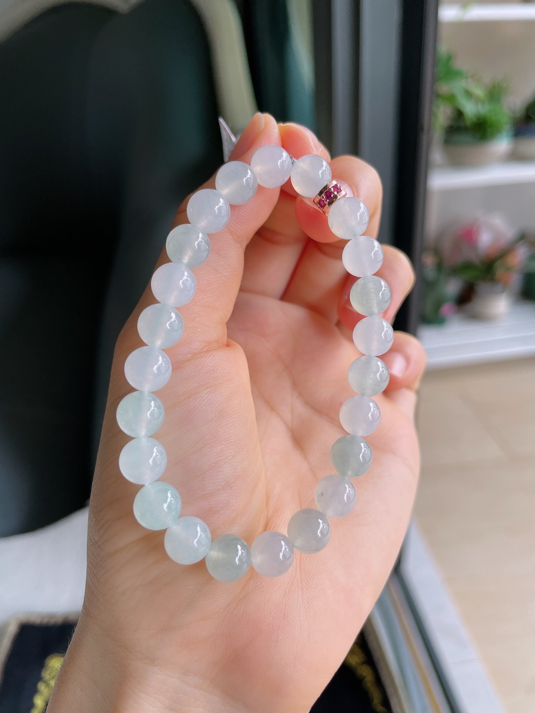 缅甸天然翡翠A货，白冰冰双彩手串，尺寸：7.8mm。【编4355】