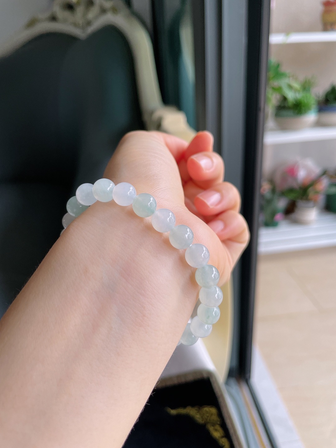 缅甸天然翡翠A货，白冰冰双彩手串，尺寸：7.8mm。【编4355】