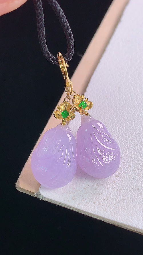 18K冰紫白菜耳坠，无裂，尺寸:30.6-13.9-10.1-6.2mm 18