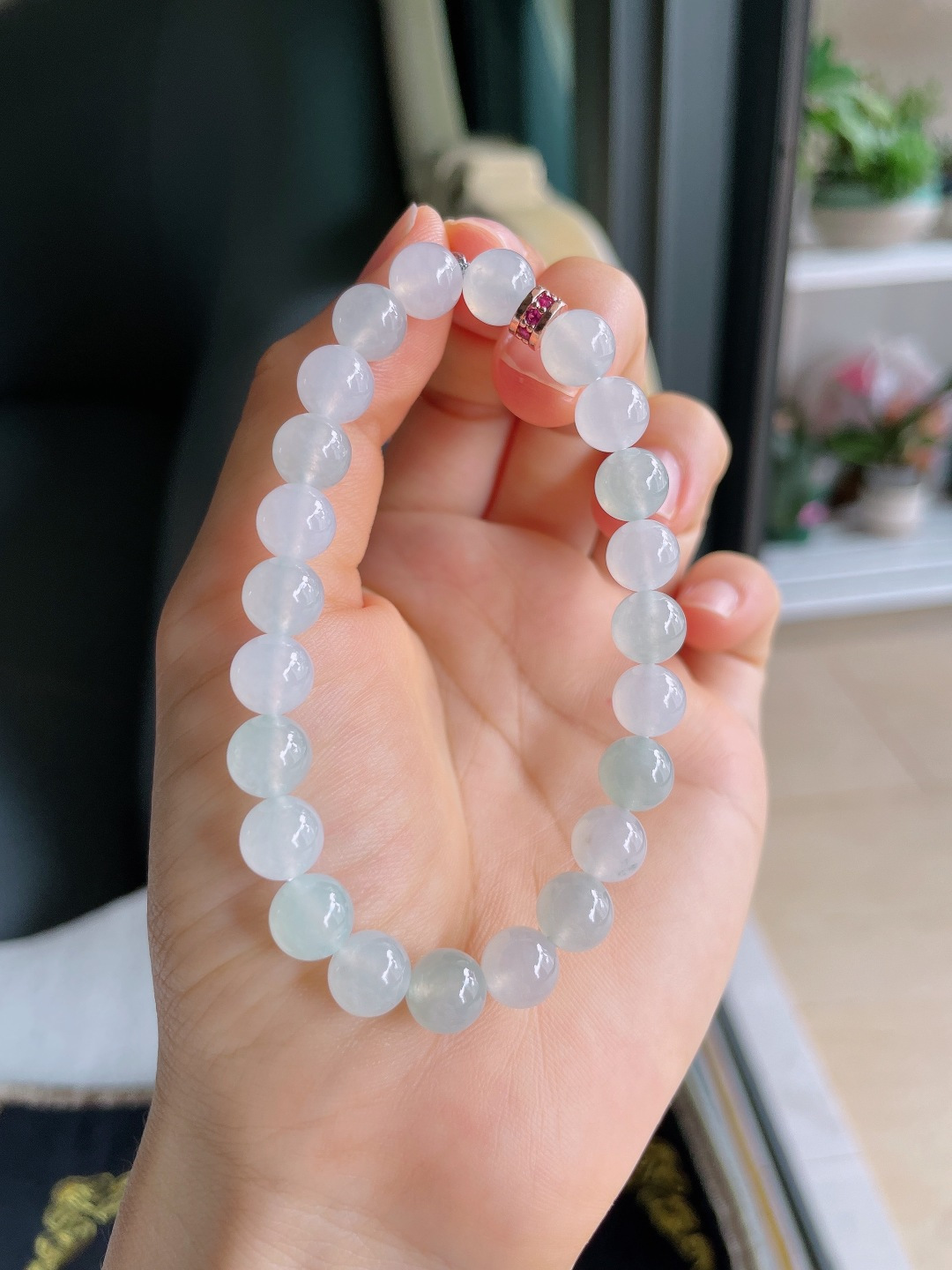 缅甸天然翡翠A货，白冰冰双彩手串，尺寸：7.8mm。【编4355】