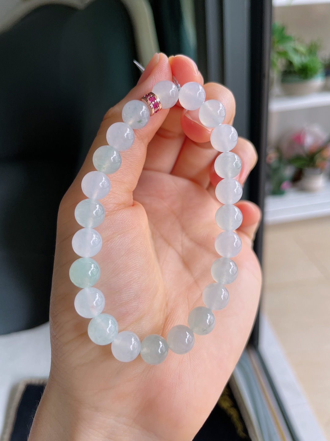 缅甸天然翡翠A货，白冰冰双彩手串，尺寸：7.8mm。【编4355】