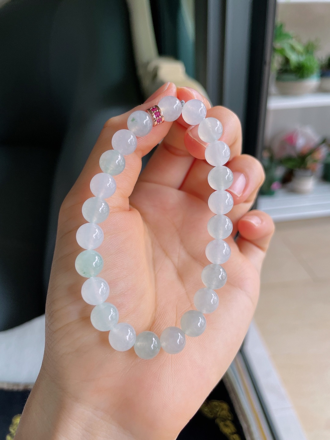 缅甸天然翡翠A货，白冰冰双彩手串，尺寸：7.8mm。【编4355】