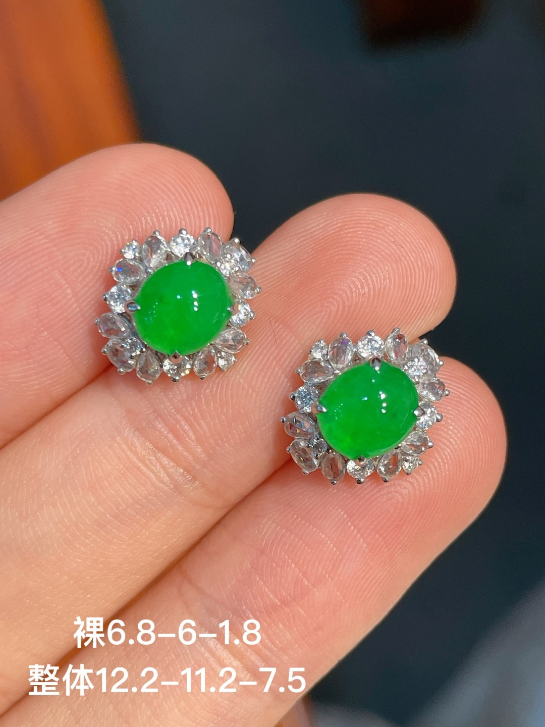 ️阳绿蛋面耳扣，无裂 18k金镶嵌，6.8-6-1.8