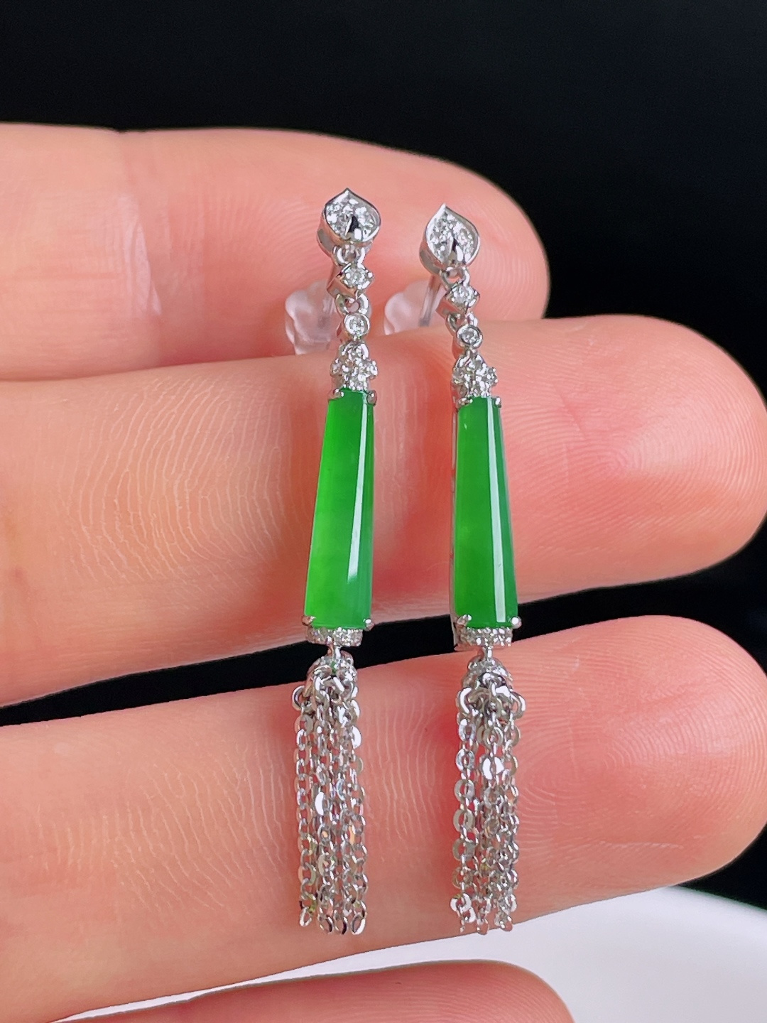 ️冰绿耳坠，18k镶嵌，老种起光，细底通透，尺寸：41/3.3/3.4mm0922