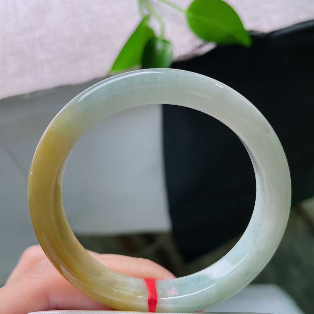 53.6/9.8/7.4，黄翡正圈，棉线，清冰底色温润透亮，一抹醇厚黄翡漫于镯边，冷暖撞色，古典贵气尽显东方气韵。ss59673a