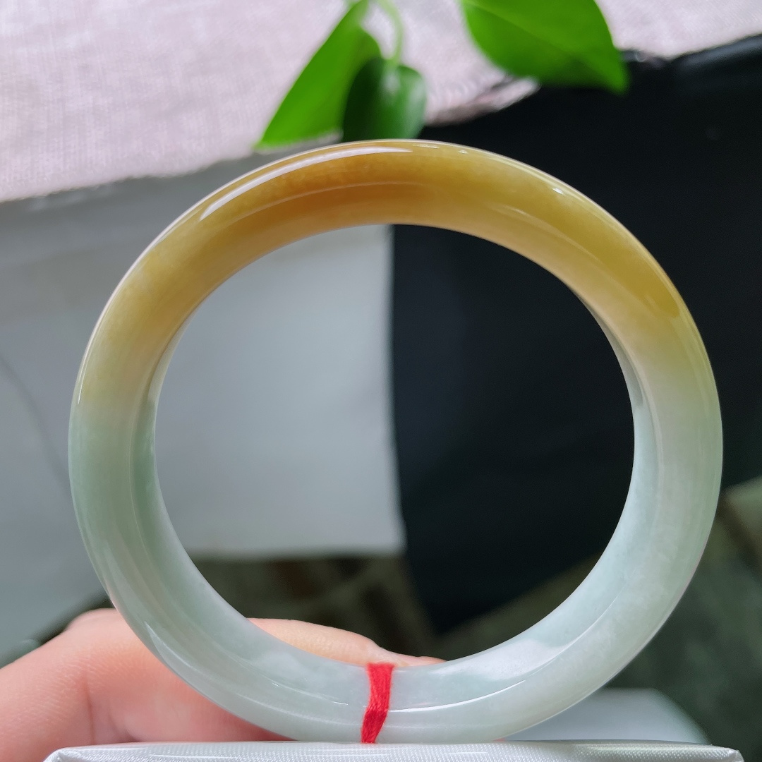 53.6/9.8/7.4，黄翡正圈，棉线，清冰底色温润透亮，一抹醇厚黄翡漫于镯边，冷暖撞色，古典贵气