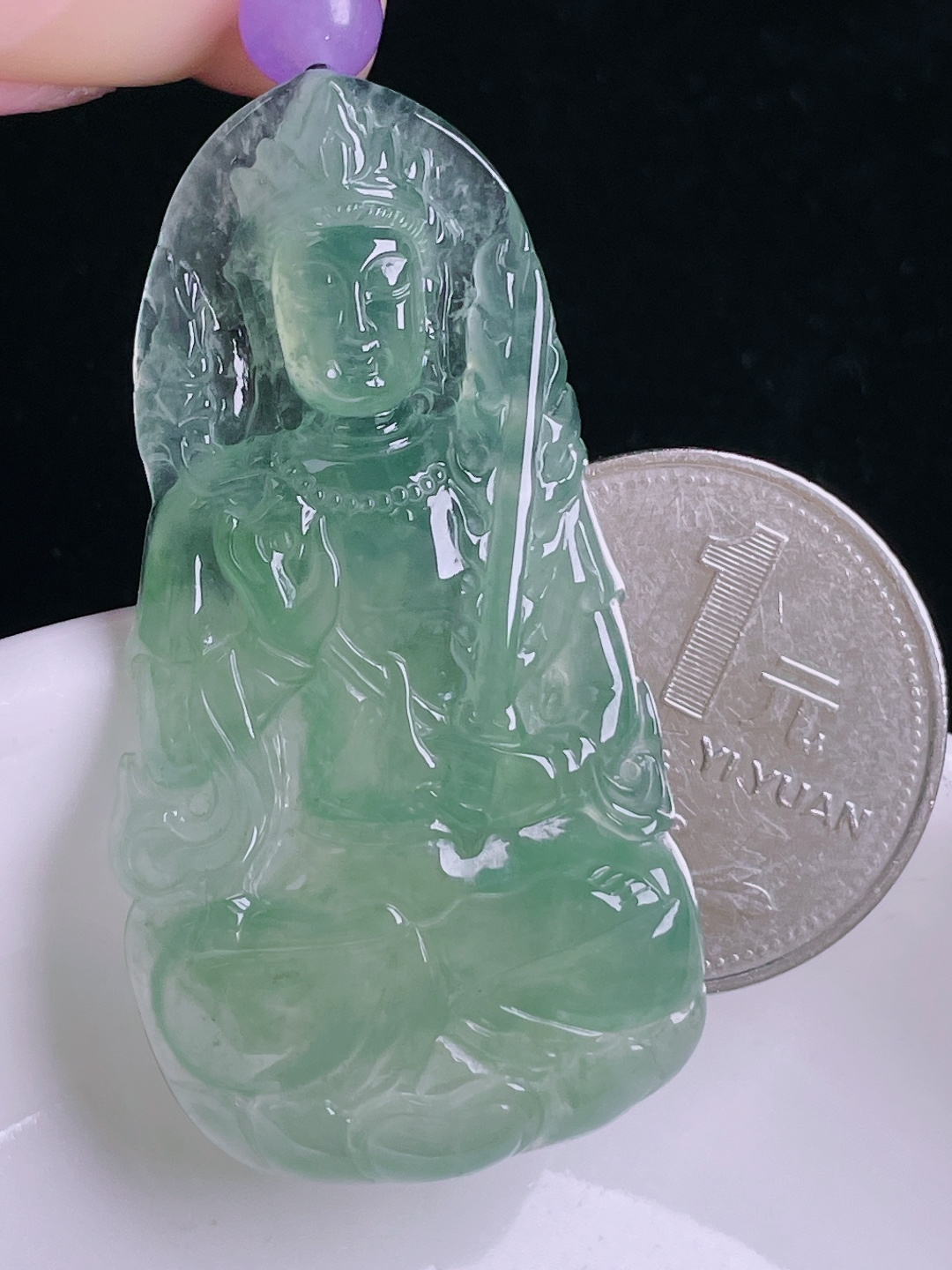 ️冰绿度母，老种起光，细底通透，尺寸：49/25.3/4.4mm0922