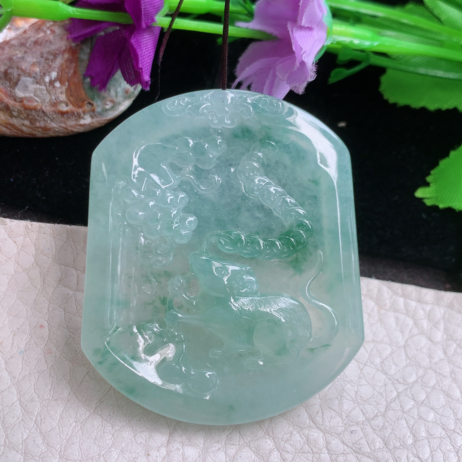 ktj实拍51.8*43.8*5.5缅甸翡翠精雕高品质冰飘花招财鼠 生肖鼠玉吊坠