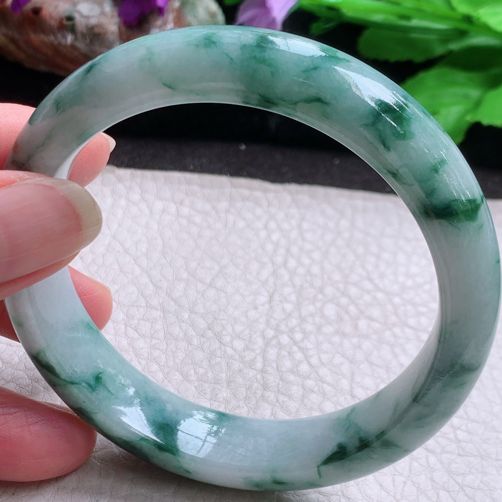 hh自然光59.5*13.5*8.5平安镯 缅甸翡翠a货玉手镯高品质飘花宽边玉手环
