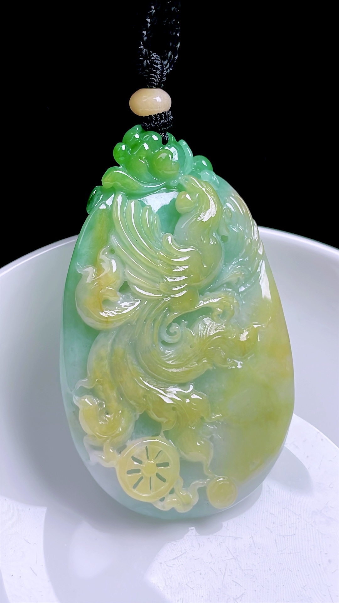 ️ 冰三彩凤穿牡丹 色泽艳丽，种老水润 尺寸：63.8/40/9.8