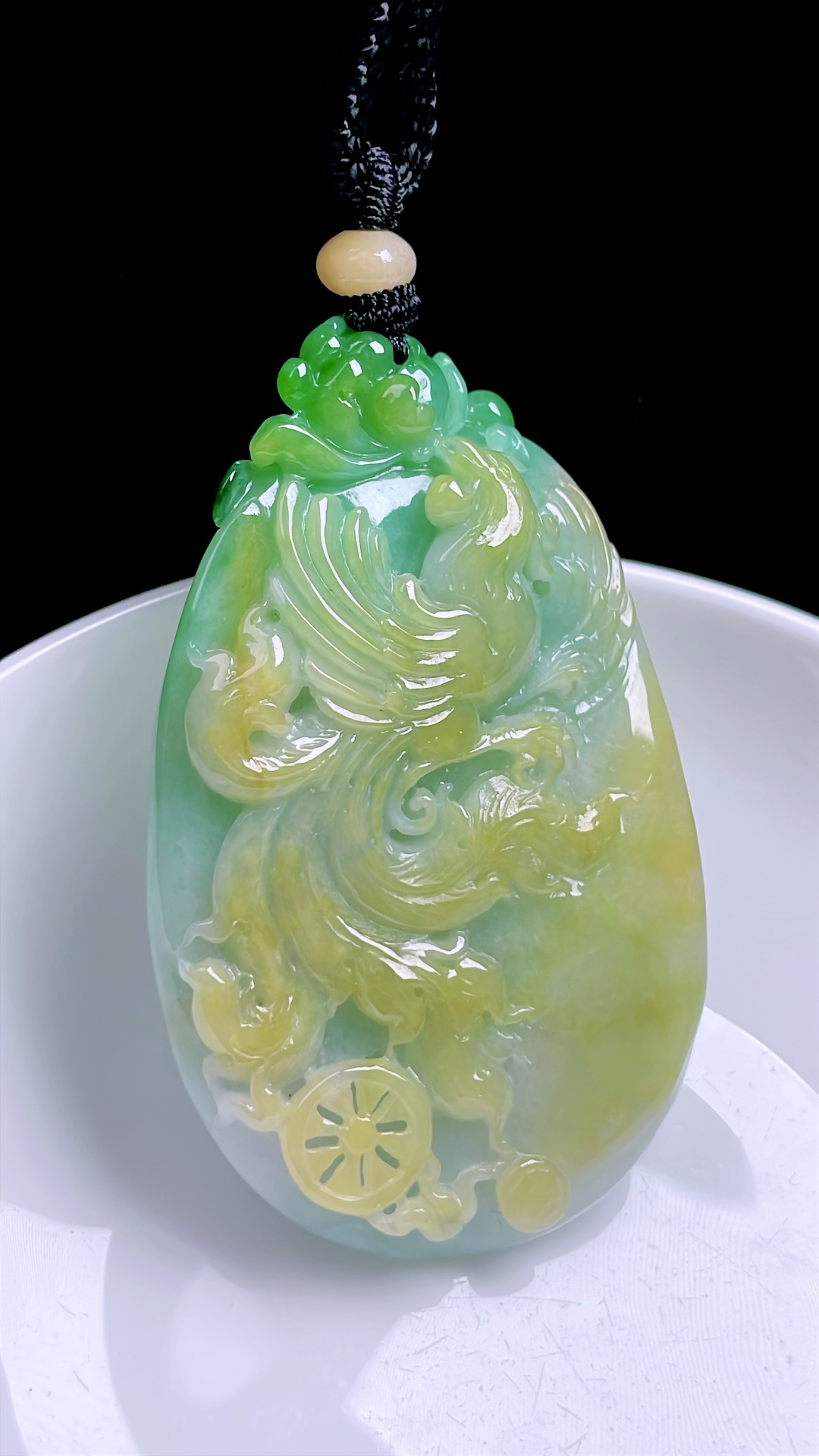 ️ 冰三彩凤穿牡丹 色泽艳丽，种老水润 尺寸：63.8/40/9.8