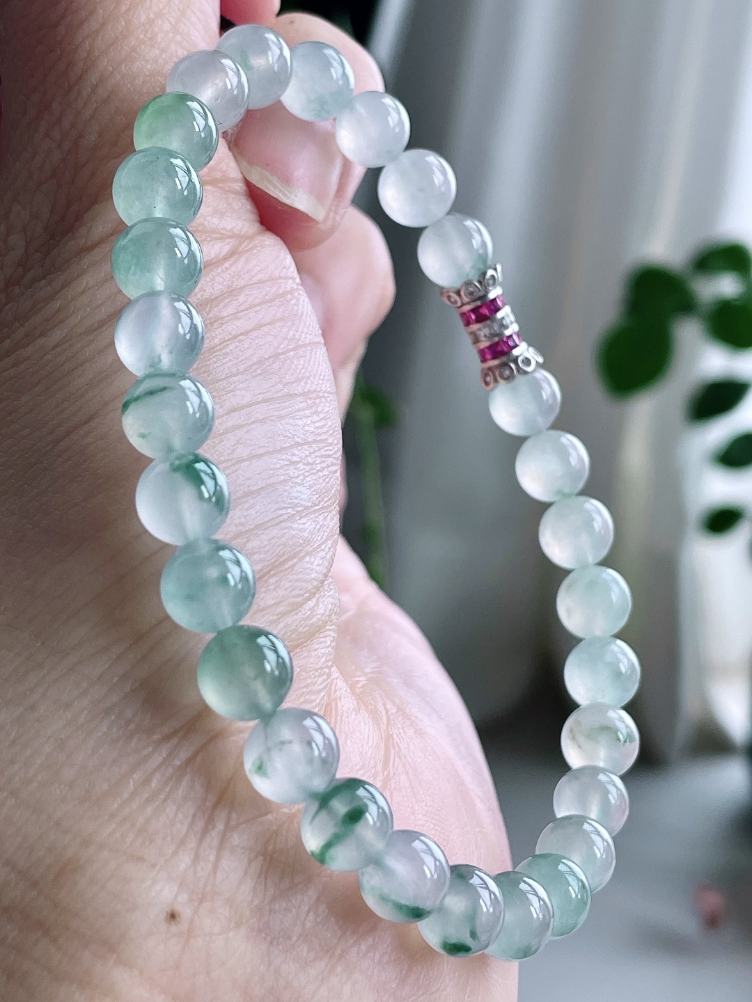 【珠子】冰种飘花手链圆珠珠子手链 【说明】缅甸 性比高 【尺寸】6.5mm 【重量】16.5克