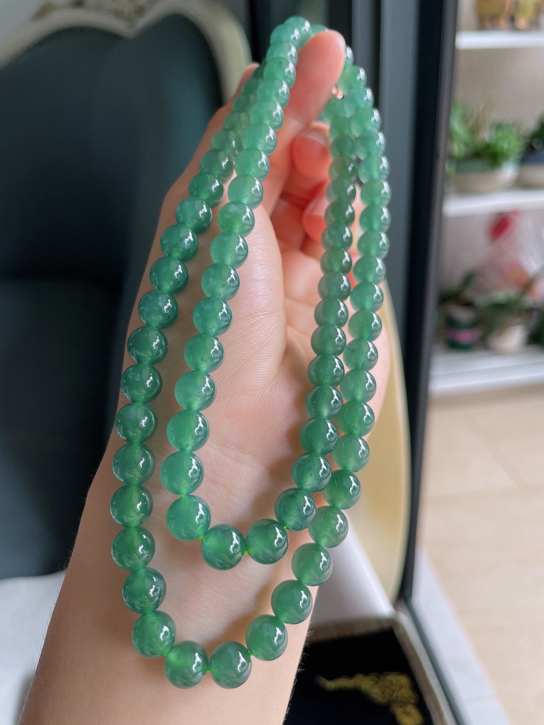 天然翡翠A货，冰蓝水珠链，尺寸：7.8mm80颗。【编4331】