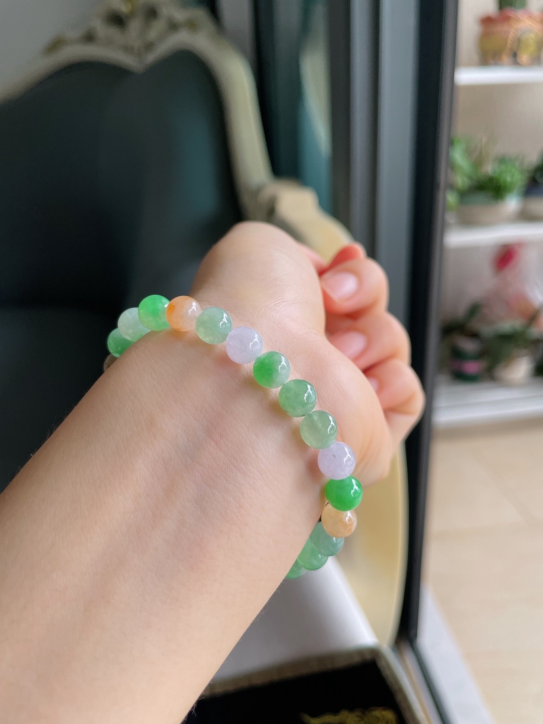 缅甸天然翡翠A货，冰多宝马卡龙手串，尺寸：7mm。【编4319】