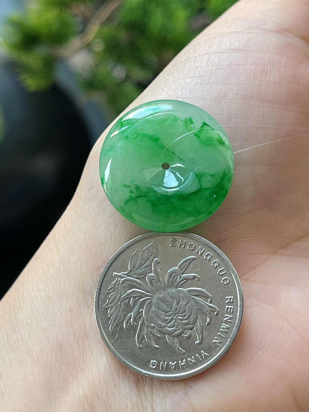 翡翠冰糯种阳绿飘花平安扣