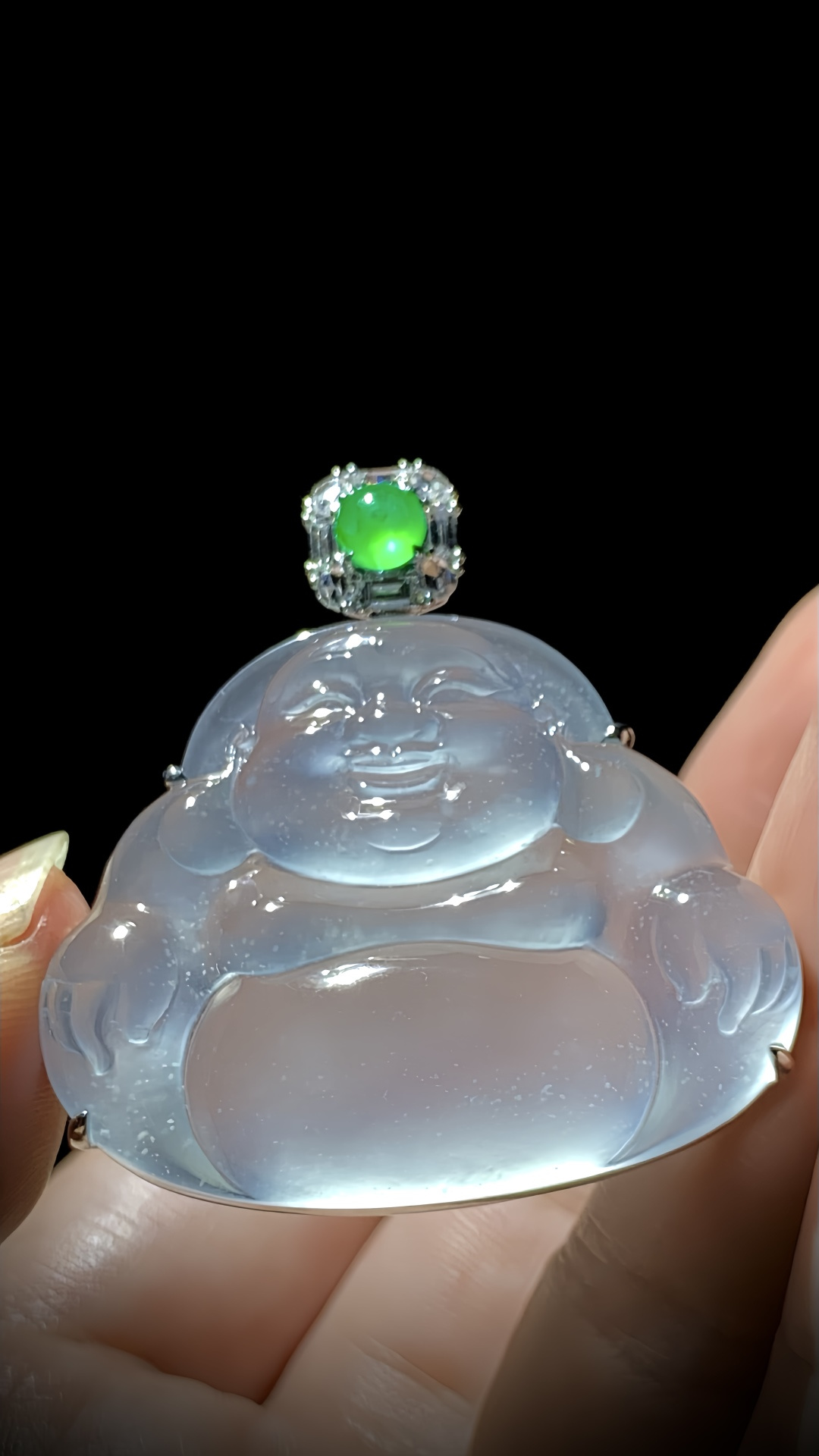 ️ 雪花棉料子弥勒佛，裸石约40.5-32.8-6.8mm约40.5-42.5-10.5mm，19.62g，18K金，南非钻，翡翠绿蛋面