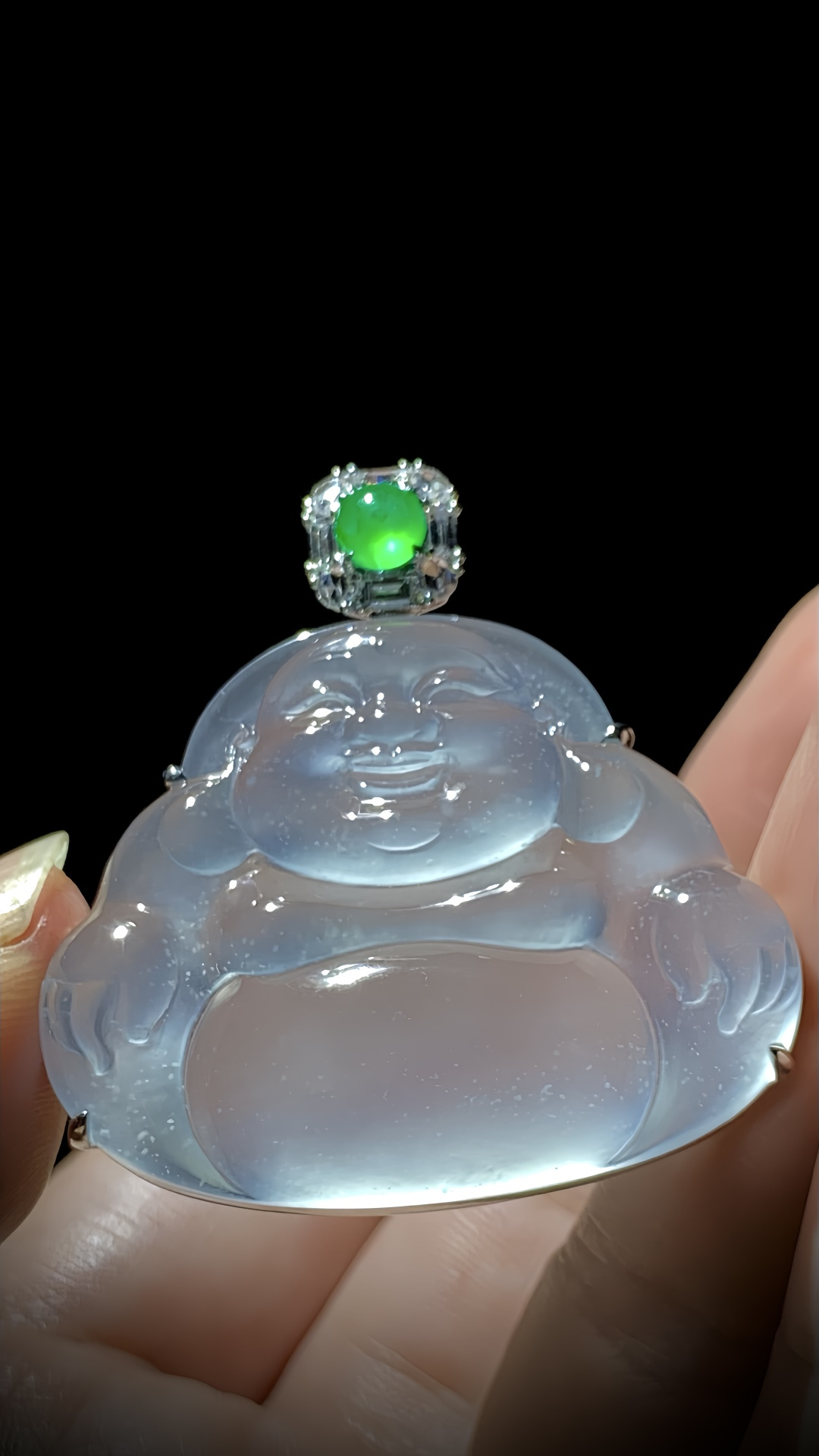 ️ 雪花棉料子弥勒佛，裸石约40.5-32.8-6.8mm约40.5-42.5-10.5mm，19.62g，18K金，南非钻，翡翠绿蛋面