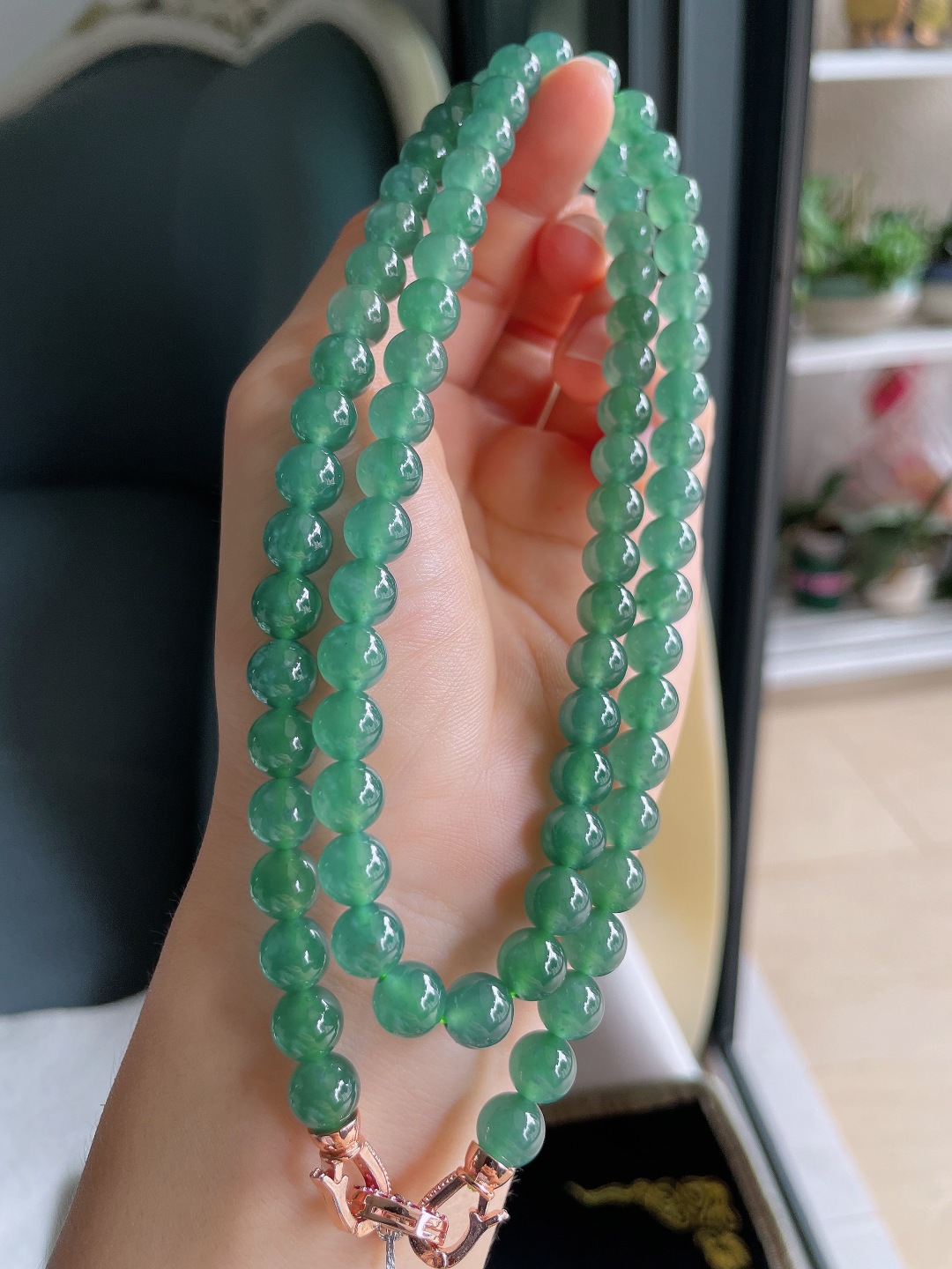 天然翡翠A货，冰蓝水珠链，尺寸：7.8mm80颗。【编4331】