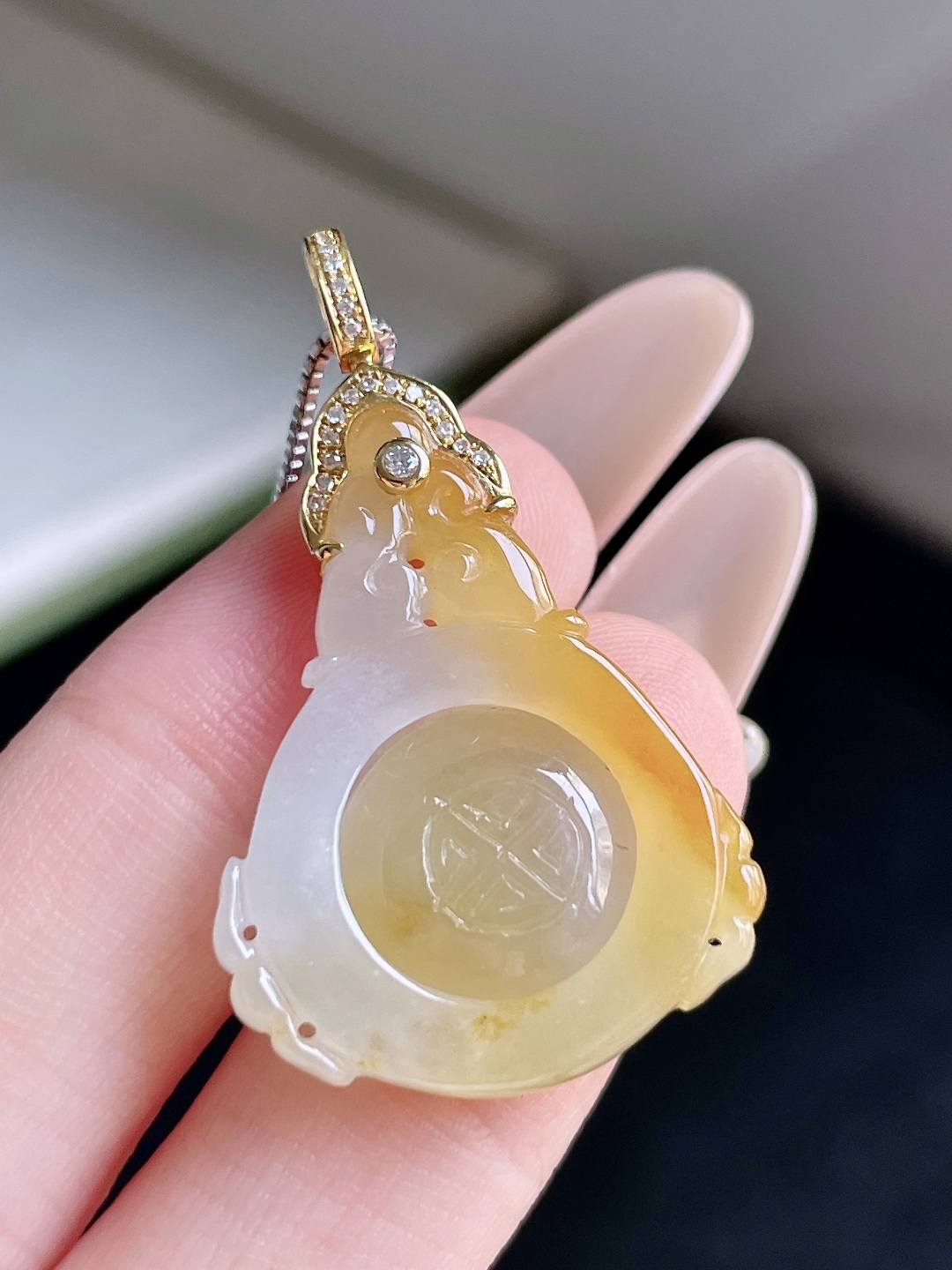 ️ 冰黄翡时来运转 缅甸 无裂 色泽鲜艳 18k金镶嵌 整体 37.7 裸石 29.3/22.2/