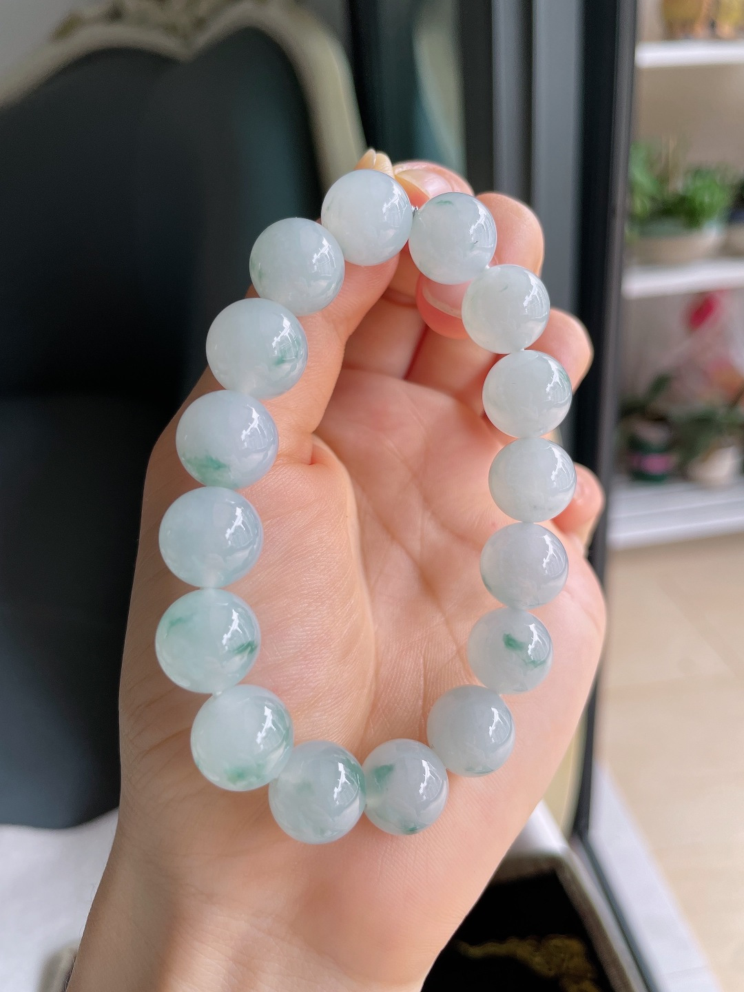 缅甸天然翡翠A货，冰飘花手链，尺寸：12.5mm。【编2475】