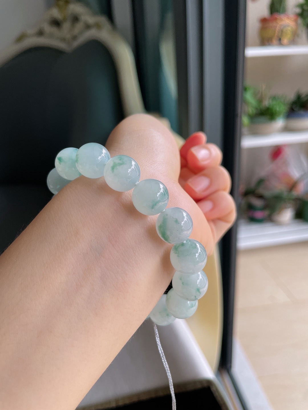 缅甸天然翡翠A货，冰飘花手链，尺寸：12.5mm。【编2475】