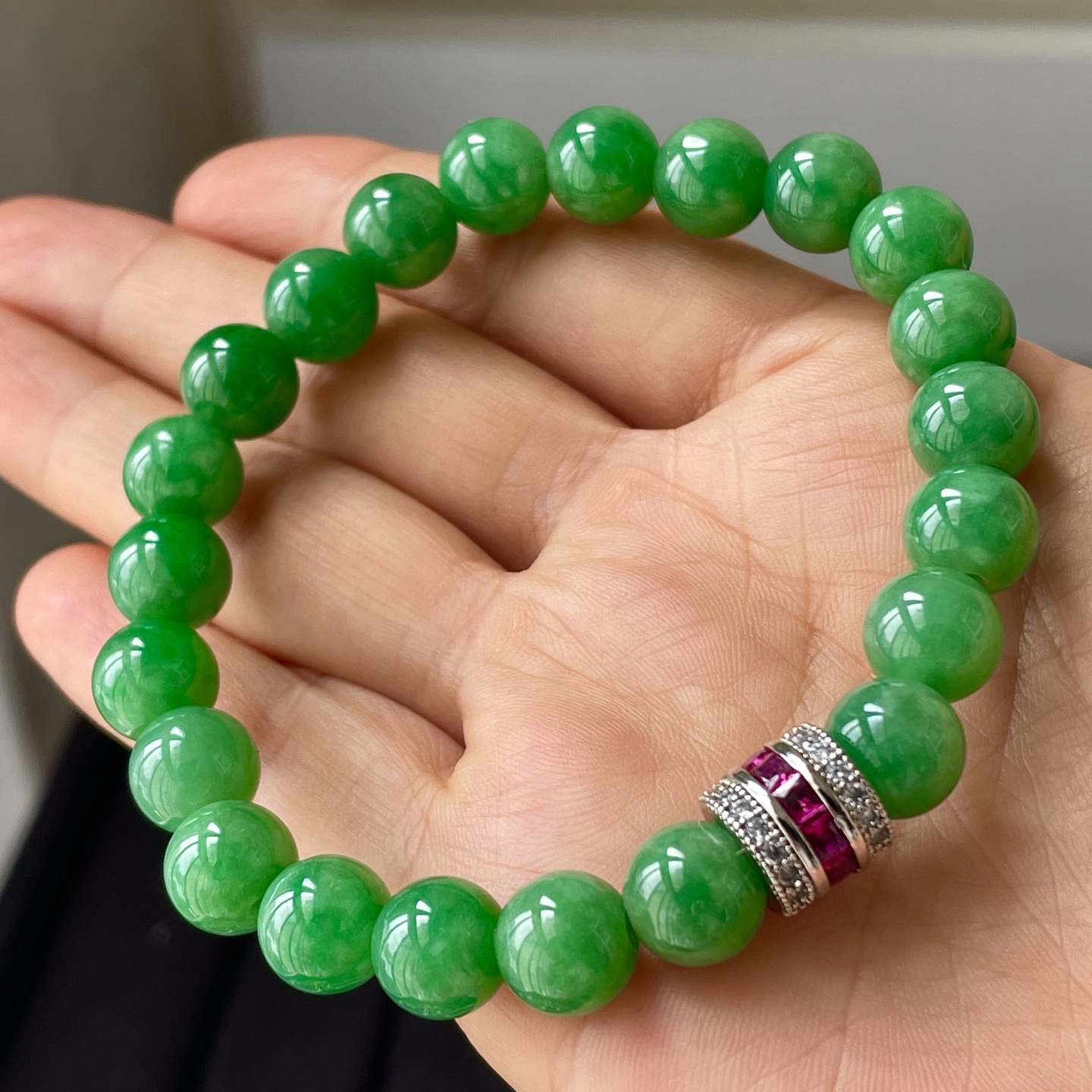 ️缅甸冰种阳绿手链，色辣，饱满水润，裸石尺寸9--22编码0923好数字