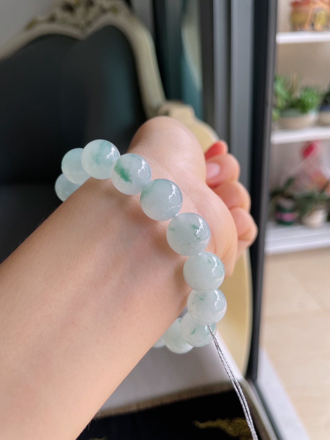 缅甸天然翡翠A货，冰飘花手链，尺寸：12.5mm。【编2475】