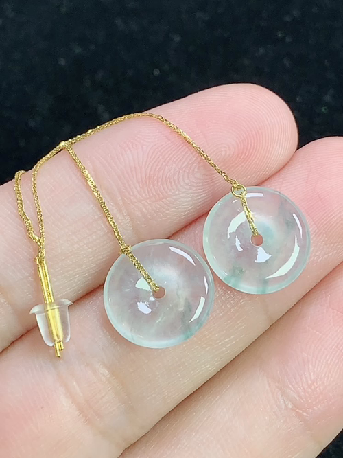 18k金镶冰飘花平安扣耳环，无裂，尺寸12-2.6mm，j24dk88