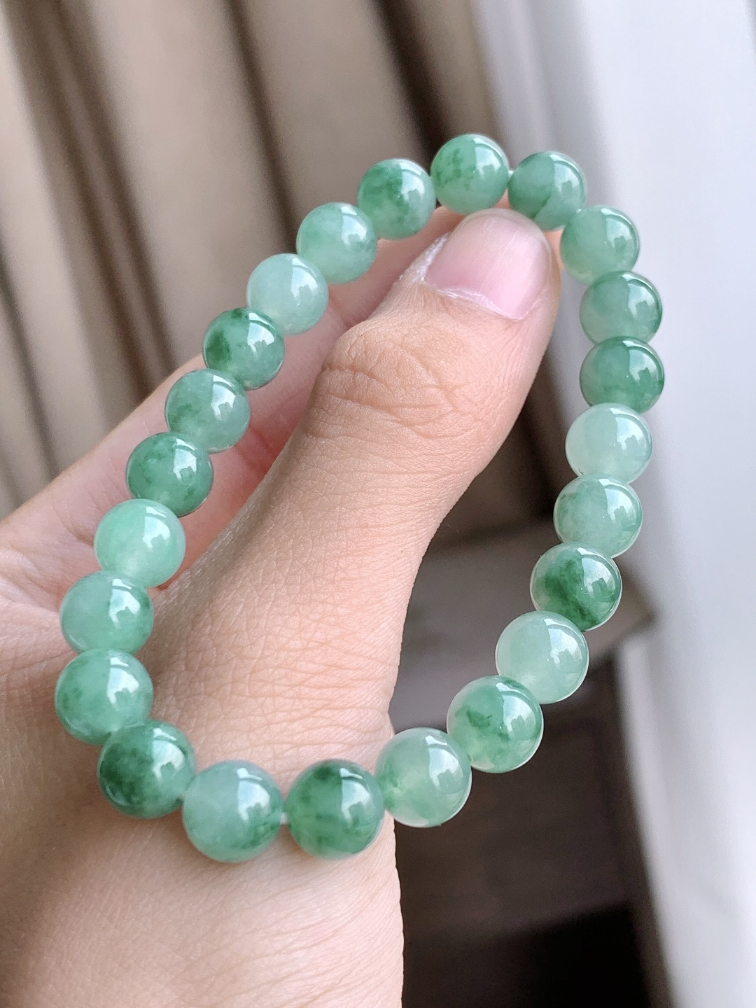 【珠子】冰飘绿花手串圆珠子手串 【说明】缅甸 性比高 飘花 【尺寸】7.9mm 【重量】20克